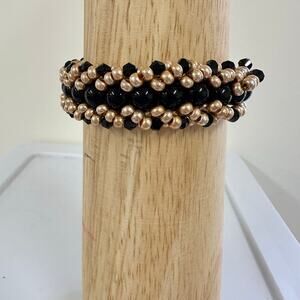 Handmade Black & Gold Beaded Bracelet Magnetic Clasp Gift Box Jewelry